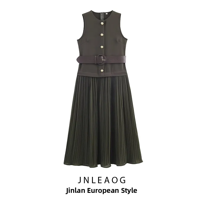 Ele Midi Dr with Belt Splicing Design for Women Autumn New Sle Pure Color Straight Tube Skirt Casual Single Button