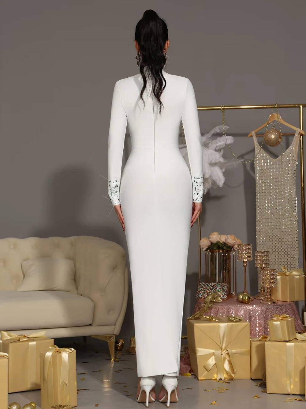 Modphy Elegant Women Diamond Celebrity Evening Bandage Maxi Dress White Long Sleeved Sexy Luxury Bodycon Cocktail Party Gown