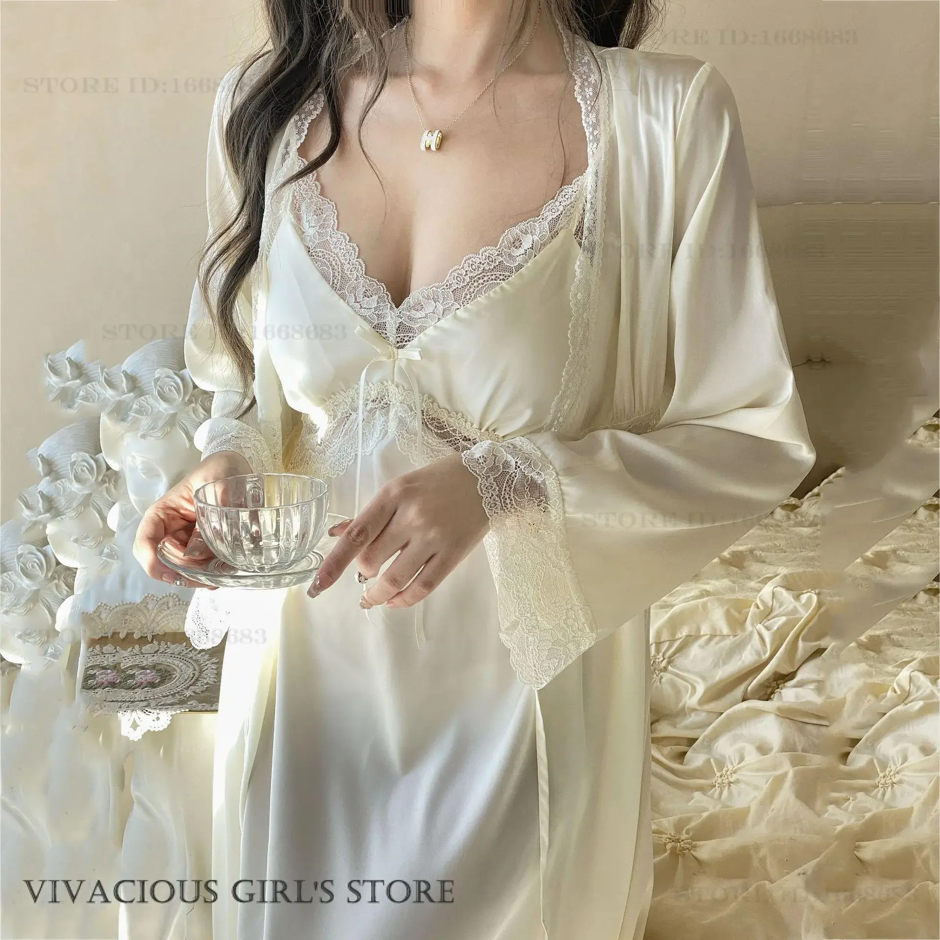 エレガントなセクシーなレースのロングローブネグリジェセット春夏サテン着物バスローブガウンナイトウェアフレンチスタイルパジャマ部屋着