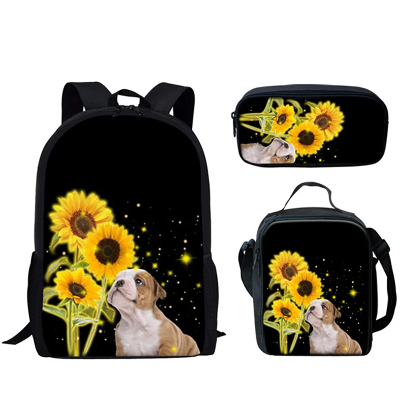 Hewan Sunflowers 3 buah/Set ransel cetak 3D sekolah siswa laki-laki perempuan tas penyimpanan buku Laptop Daypack tas makan siang tas pensil