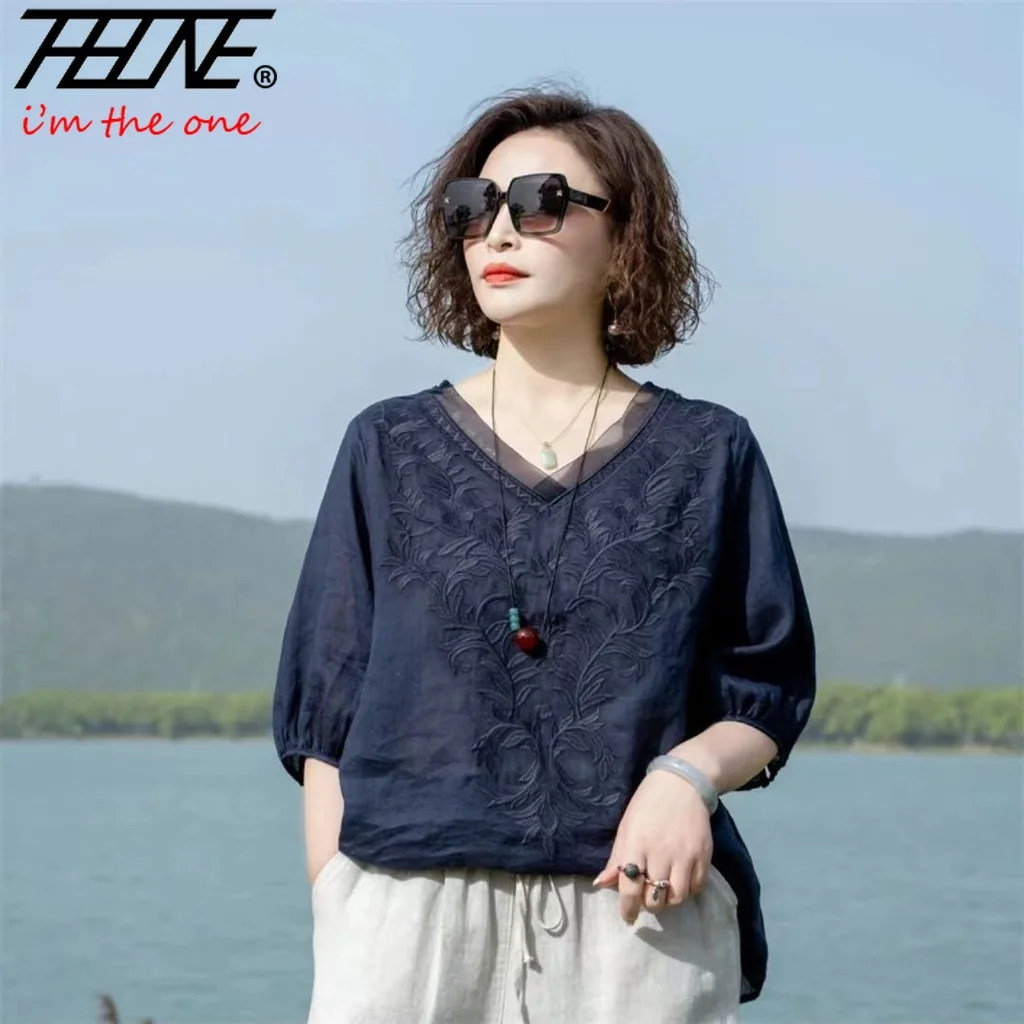 Fashion Woman Blouse 2023 Cotton Linen Casual Blusa Mujer Camisas Women\'s Clothing Summer Embroidery V-Neck Vintage