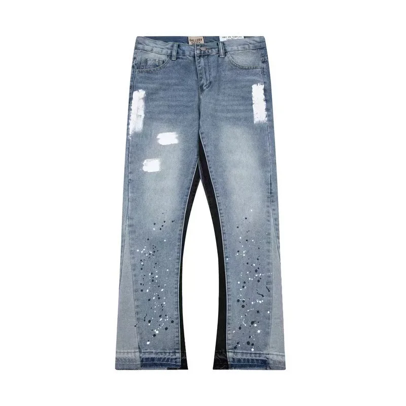 2024 American Trendy Brand Men's Clothing, Ripped and Spliced Gradient Spray-painted High Street Wide-leg Slightly Flared Jeans.