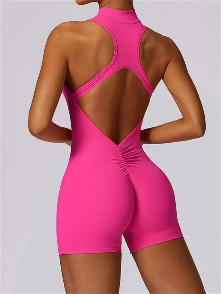Women Yoga Jumpsuit Backless Sleeveless V Neck Zipper Scrunch Butt Gym Fitness Sports One Piece Suit 2025 New