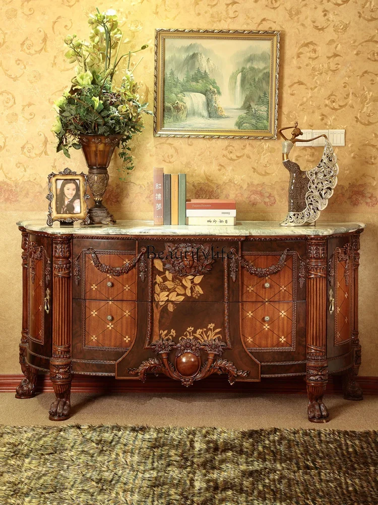 

yj5French Solid Wood Storage Sideboard Blue Heavy Industry Carving Entrance Cabinet