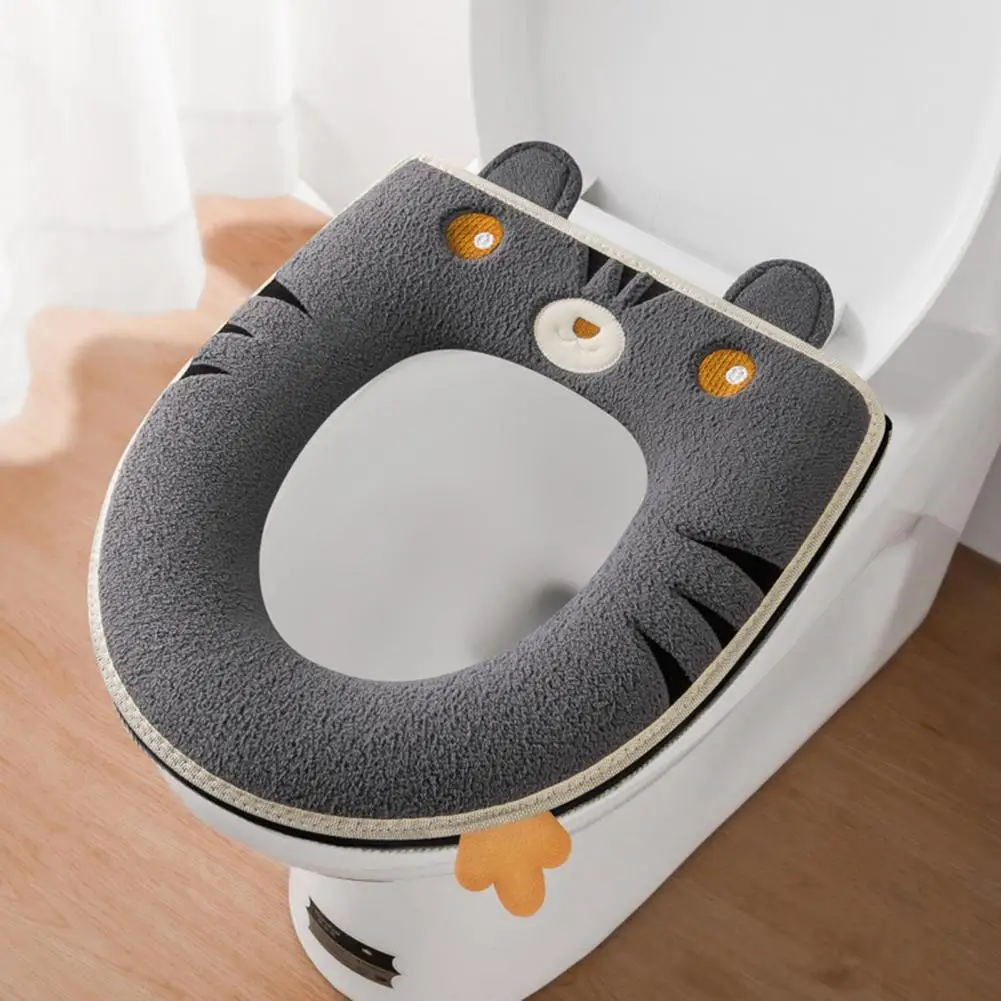 Toilet Seat Cover Elastic Zipper Closure Embroidery Tiger Shape Flannel Toilet Seat Cushion with Handle Bathroom Accessories