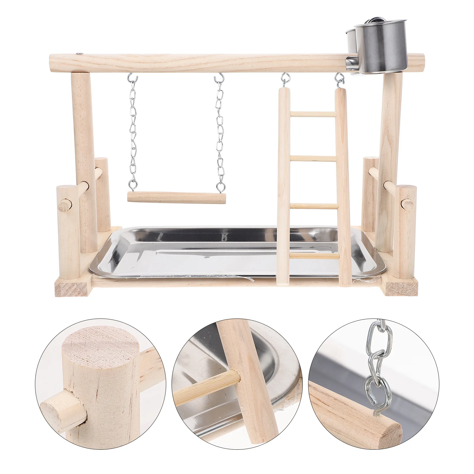 

1 Set Standing Rack Durable Wooden Ladder Training Feeder Cups Bright Color Bite Resistant Bird Play Stand Hanging Pet Training