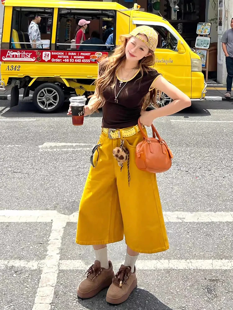 ReddaChic Women's Baggy Jean Jorts Lounge Simple Colorful Denim Straight Wide Leg Bermuda Short Pants Korean Retro Everyday Wear view 2