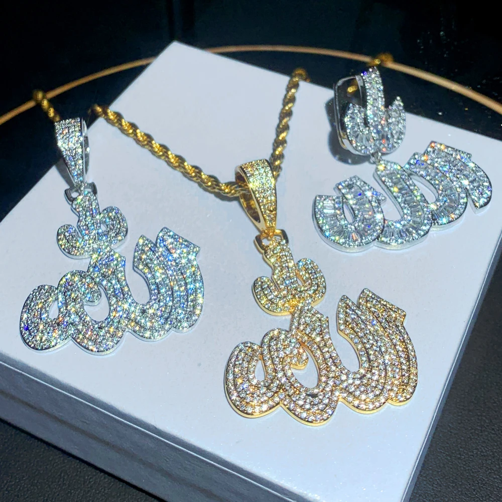 New Iced Out Muslims Allah Pendant Necklace Gold Silver Color Pave Zircon 5A CZ Allah Letter Charm Women Men Hip Hop Jewelry