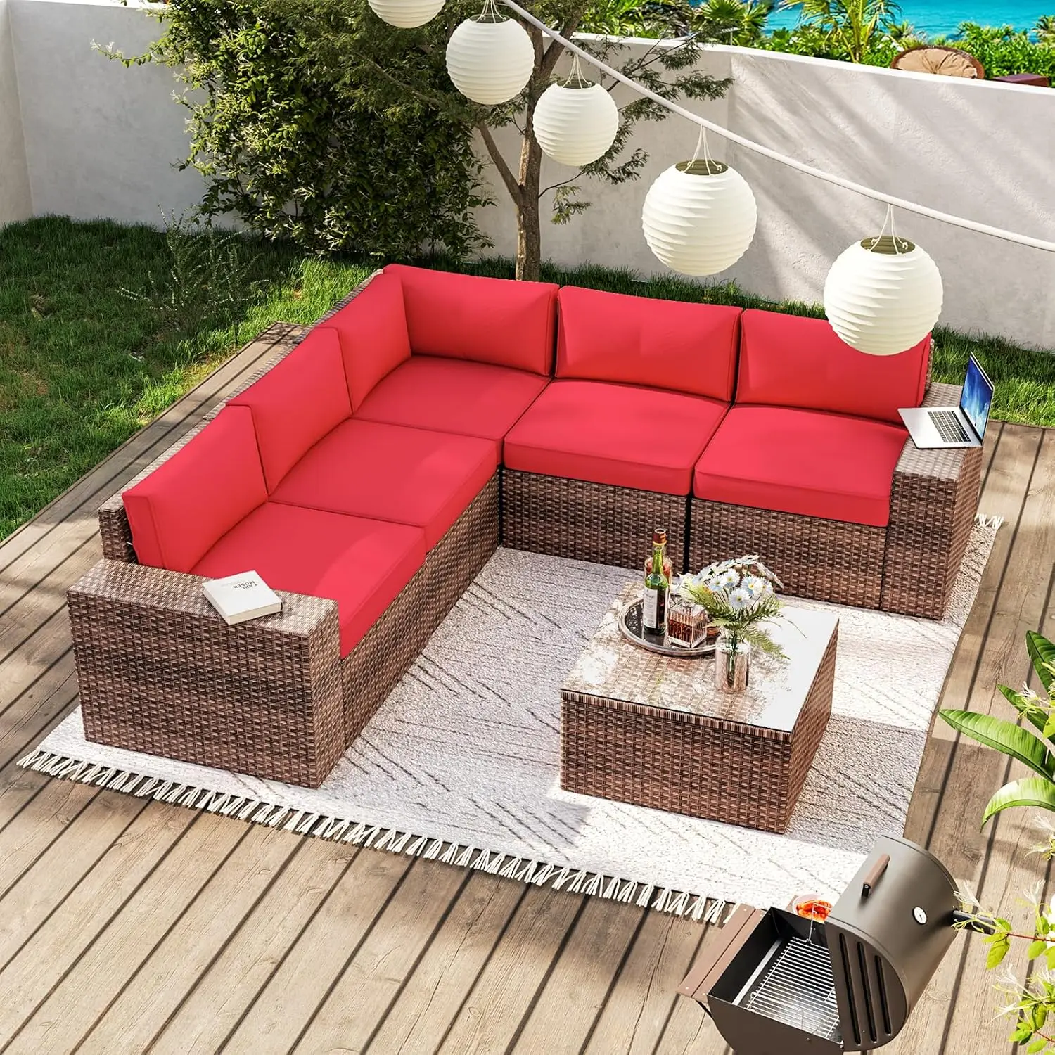 6 buah Set furnitur teras luar ruangan anyaman rotan mebel termasuk penutup Sofa untuk teras, taman, halaman belakang