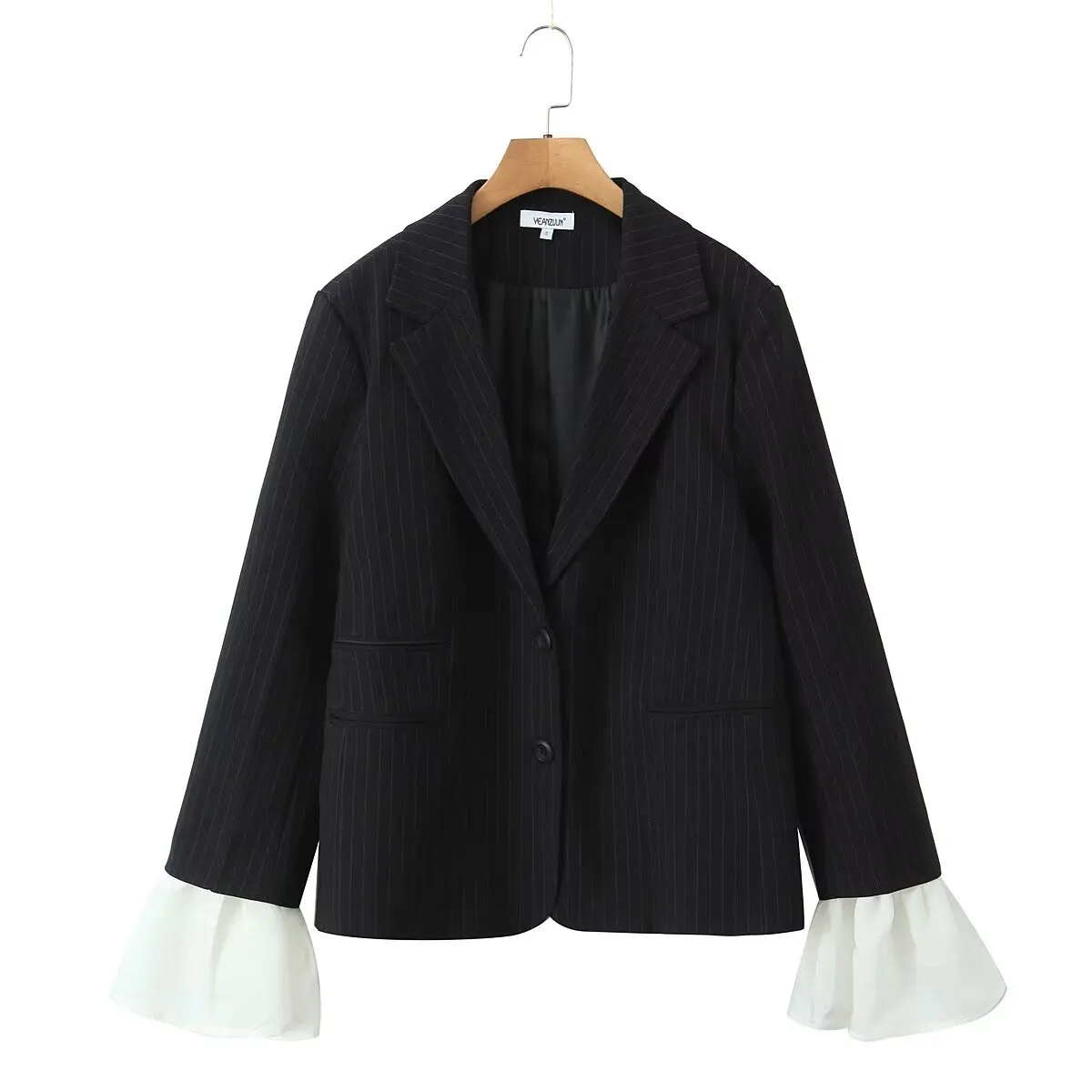 2024 Chill Gray Striped Removable Flare Cuff Blazer Boyfriend Vintage Women Notched Collar Loose Suit Fashion Coat Black