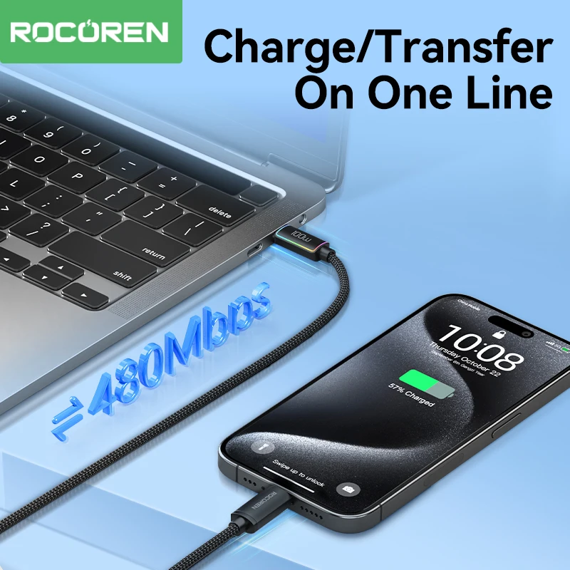 Rocoren 100W USB C to Type C Fast Charging Charger Cable 5A Type-C Cord PD 3.1 Quick Charging For Samsung MacBook iPad iPhone