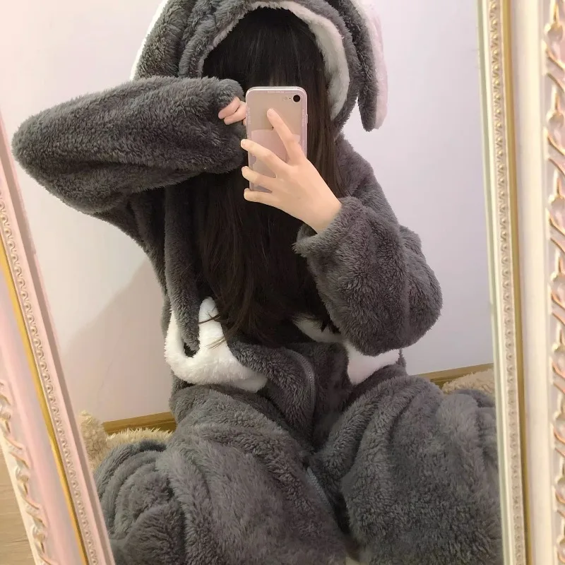 Cute Bunny Coral Fleece One-piece Pajamas Ms. Fall and Winter Style Thickening Type Can Be Worn Outside Loungewear Warmth Soft