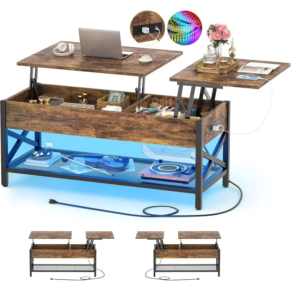 

Coffee Table with LED Light and Power Outlet, Center Table with Storage Shelf, Living Room with Lit Tabletop, Metal X Support, R