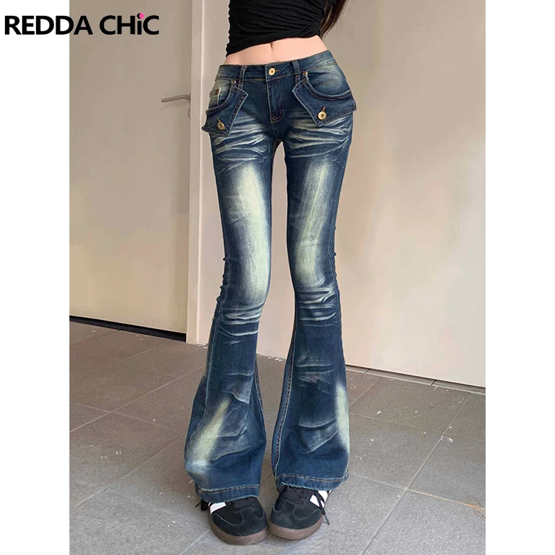 

REDDACHiC Women Low Rise Flared Jeans Embroidered Totem Whiskers Low Waist Distressed Stretch Bootcut Pants Gyaru Y2k Streetwear