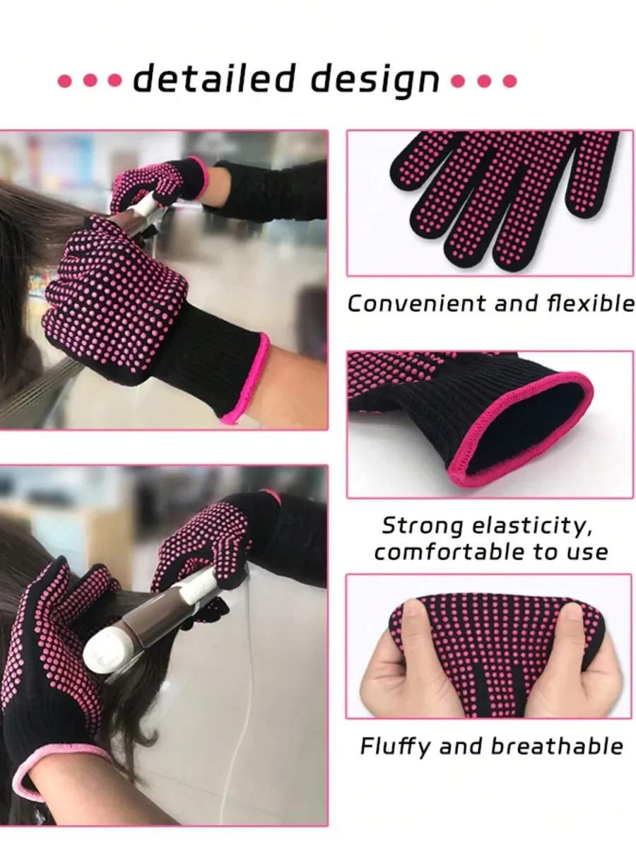 

Heat Resistant Gloves With Silicone Bumps For Hair Styling Tools Curling Iron Straightener Rose Red