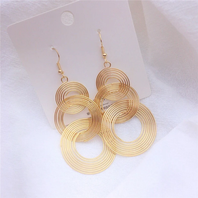 European Statement Round Drop Earrings for Women Party Metal Wire Wrapping Circle Dangle Earrings Vintage Long Geometry Jewelry