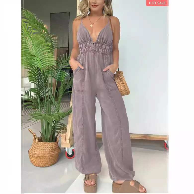 Women's Solid Backless Criss Cross Halter Neck Wide Leg Jumpsuit, Casual Sexy Sleeveless Jumpsuit for Summer,