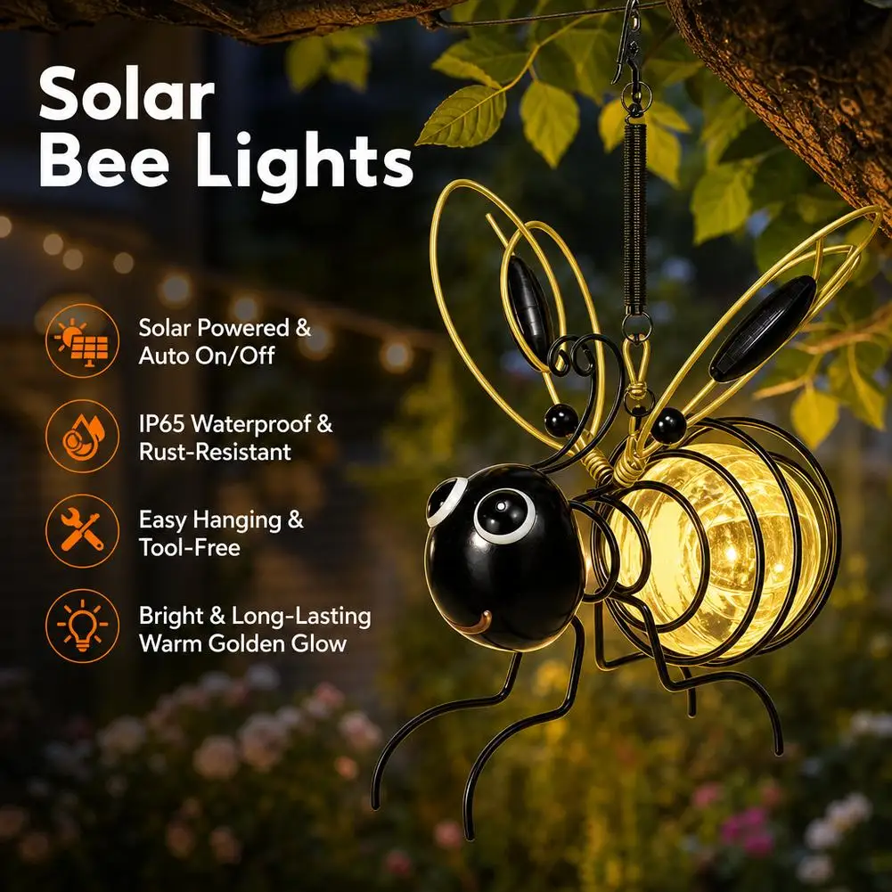 2Pcs Solar Hanging Bee Lights Outdoor Waterproof Metal Bumble Bee Garden Light Decorative Atmosphere Lantern For Yard Patio