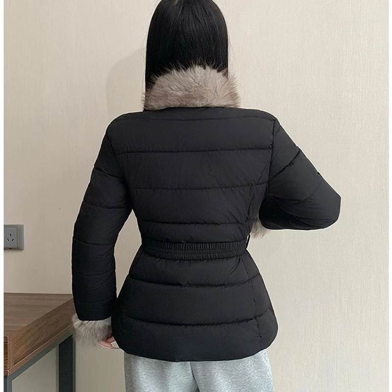 Waist Puffer Jacket Women Faux Fur Thicken Warm Short Winter Coat Zip‑Up Slim Windproof Female Cold Weather Outerwear Parka