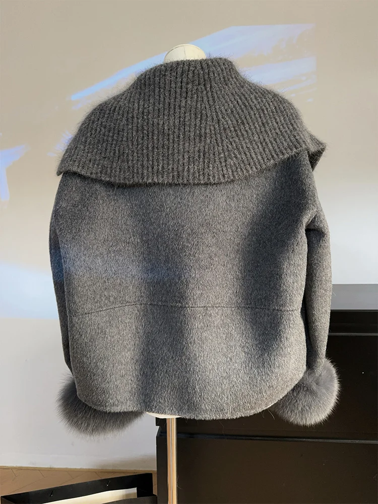 أزياء الشتاء الدافئة الطبيعية الحقيقية الفراء الثعلب معطف الفرو الكشمير الصوف الصوفية المرأة سترة عارضة أبلى معطف الإناث