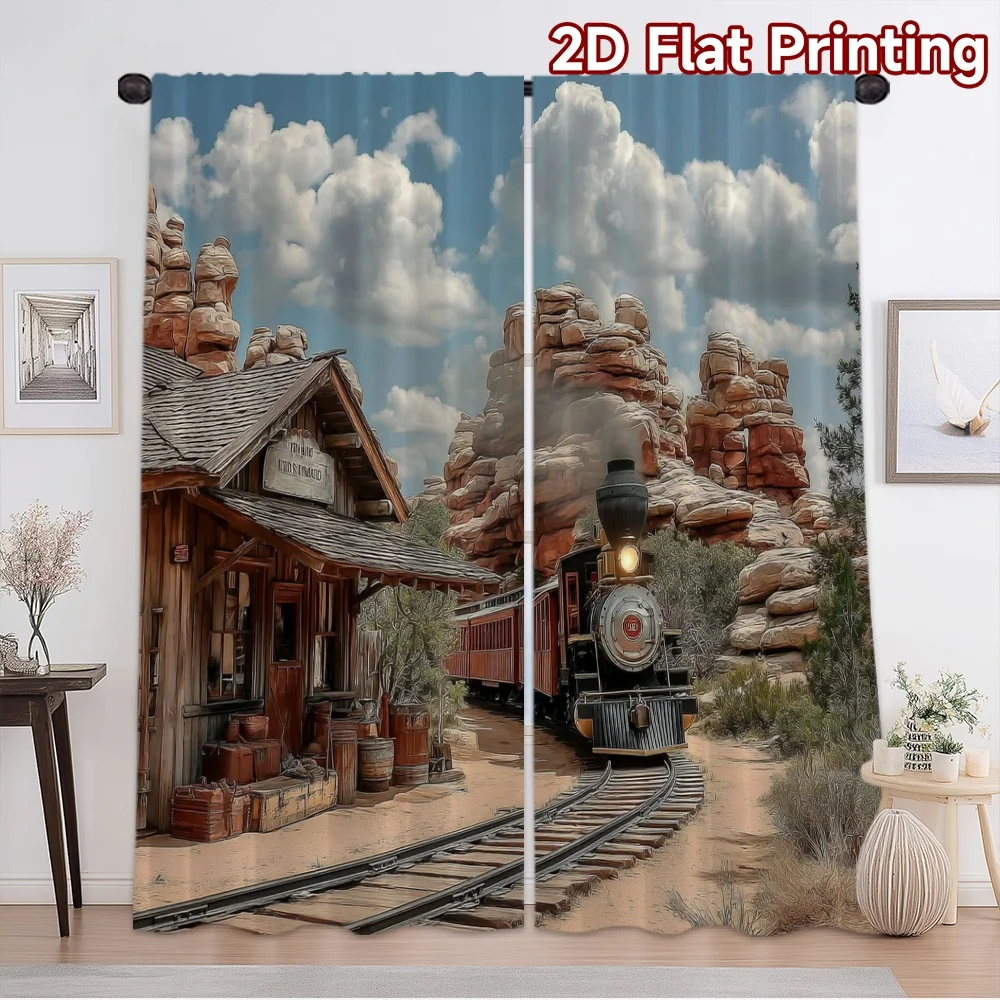 2D flat printing 2pcs Curtain Window Curtains Vintage Train in Desert Valley Digital Printed Polyester Drapes Festive Wall Decor