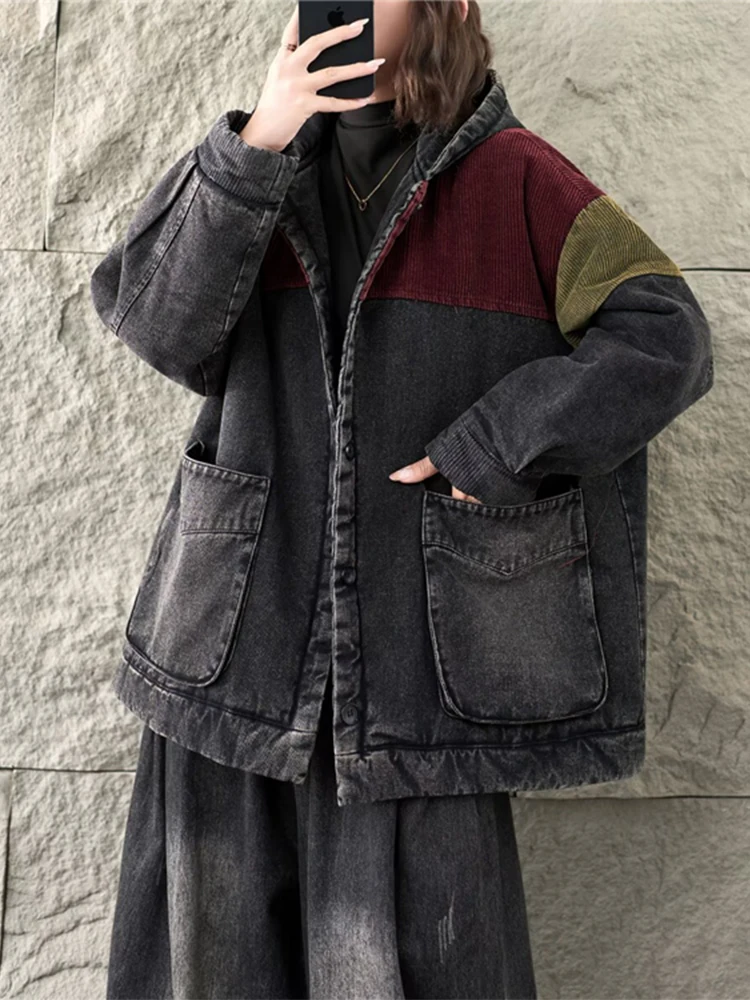 Amax lulue inverno moda feminina com capuz denim veludo acolchoado casacos femininos vintage jaquetas de grandes dimensões casual engrossar quente parkas