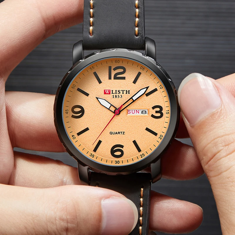 腕時計男性トップブランド防水クラシックブラックレザー腕時計ファッションカジュアルカレンダービジネスクォーツ腕時計男性時計ギフト