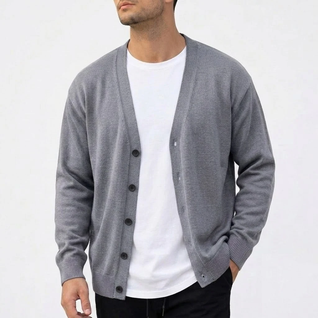 Outdoor-Herren-Strickjacke mit V-Ausschnitt, langen Ärmeln, einfarbig, lässige Sportbekleidung, geknöpfter Strickmantel. – Detail 8