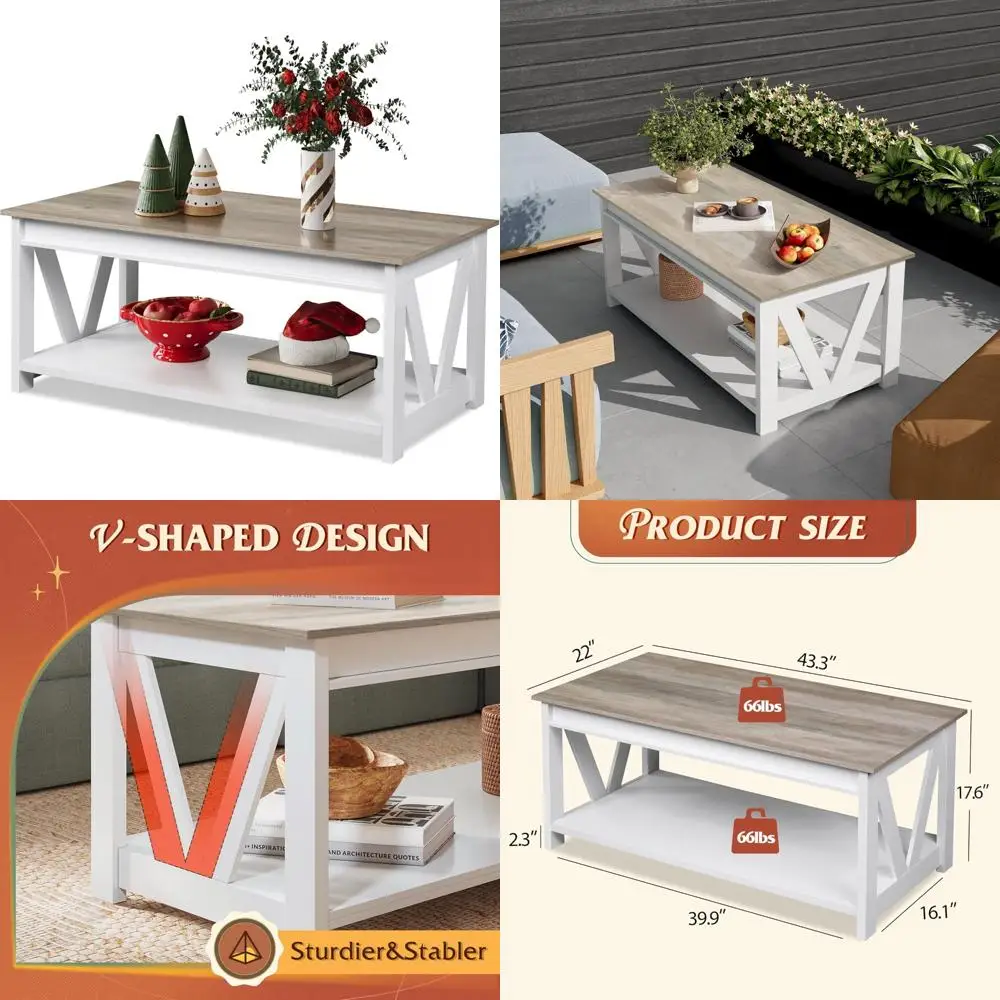 

Farmhouse Style Coffee Table with Storage Shelf and V-Shaped Support for Living Room, Durable Wood Center Table with Rustic Char