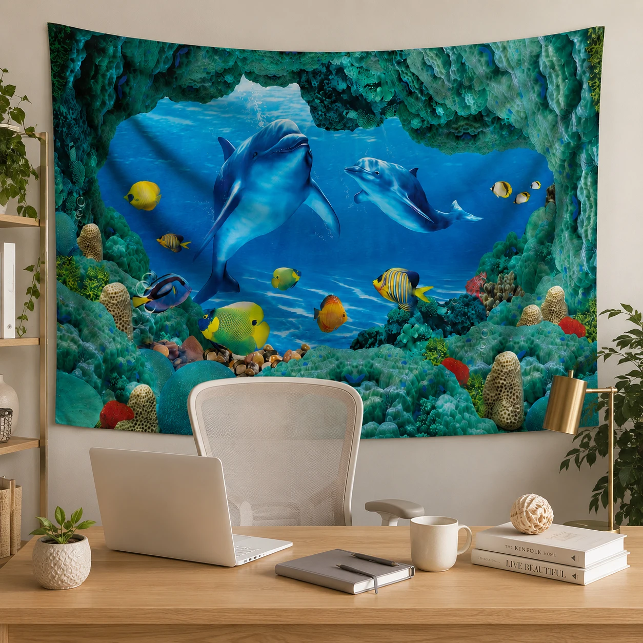 Underwater Cave Tapestry Dolphin Tropical Fish Coral Reef Wall Hanging, Live Stream Photo Backdrop for Student Apartment