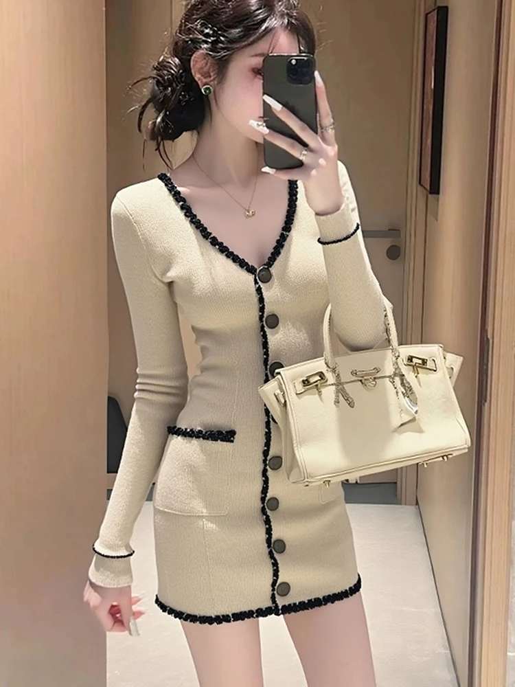 

Ele V-образный вырез, трикотажное платье на одной пуговице, женская осенне-зимняя утягивающая юбка, модная женская юбка из полиэфирного волокна