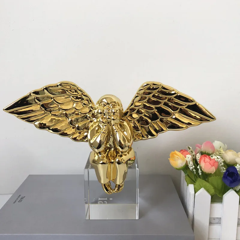 Chubby Angel Resin Figurine with Crystal Base,Cute Winged Cherub Statue Home Living Room Foyer Desktop Art Decor Creative Gift