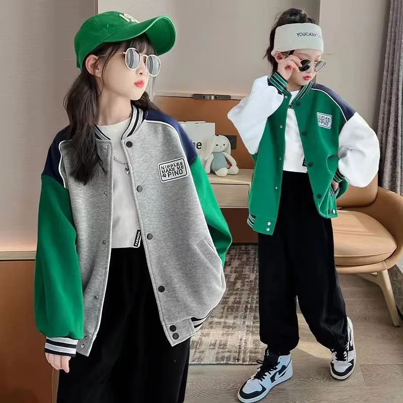 Girls Cotton Contrast Flocked Alphabet Single-breasted Sweat Varsity Jackets School Kids Track Coat Child Outfit Tops 5-16 Years