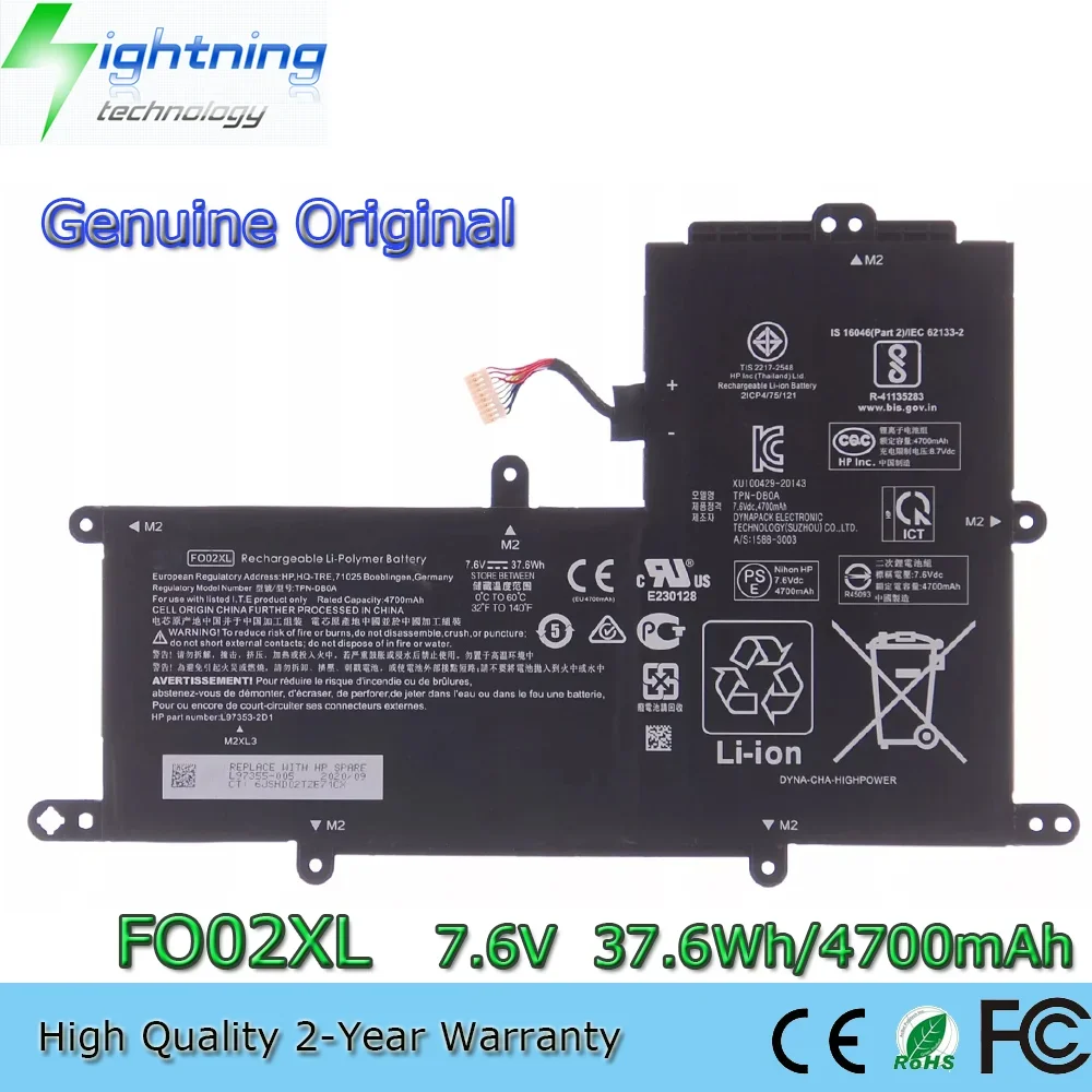 

Новый оригинальный аккумулятор для ноутбука FO02XL 7,6 В 37,6 Втч/4700 мАч для HP Chromebook 11A-NA TPN-DB0A L97355-005 L97353-2D1 и т. д.