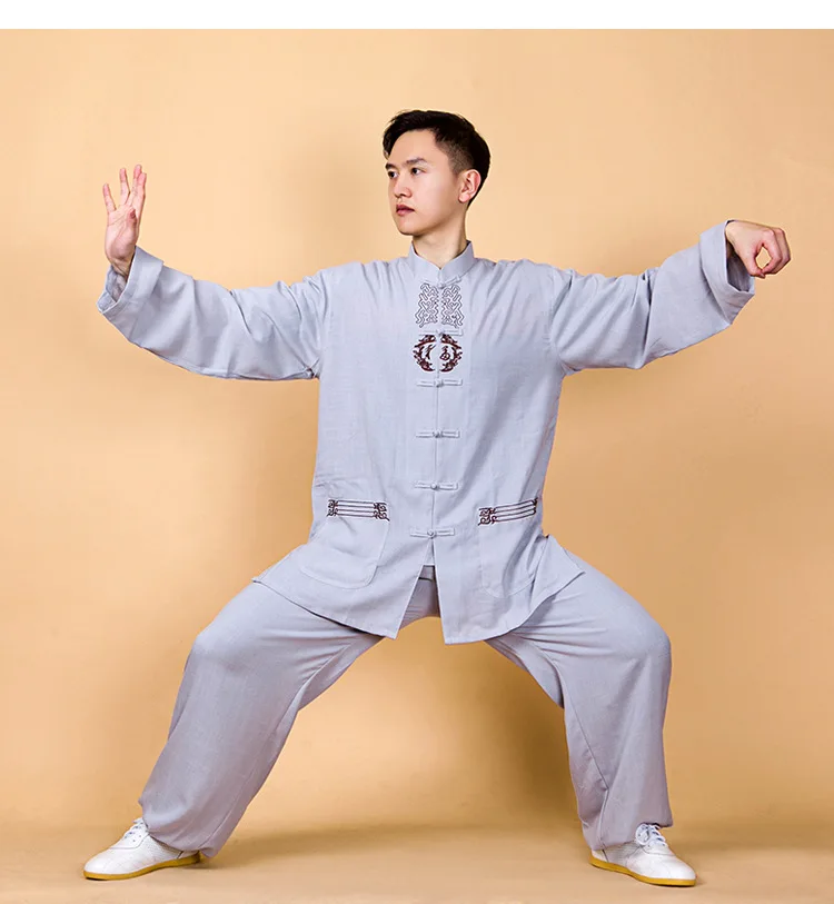 Chinese Style Men Women Tai Chi Wushu Martial Arts Uniform Linen Embroid Loose Shirt+pant Casual Workout Exercise Meditation Set