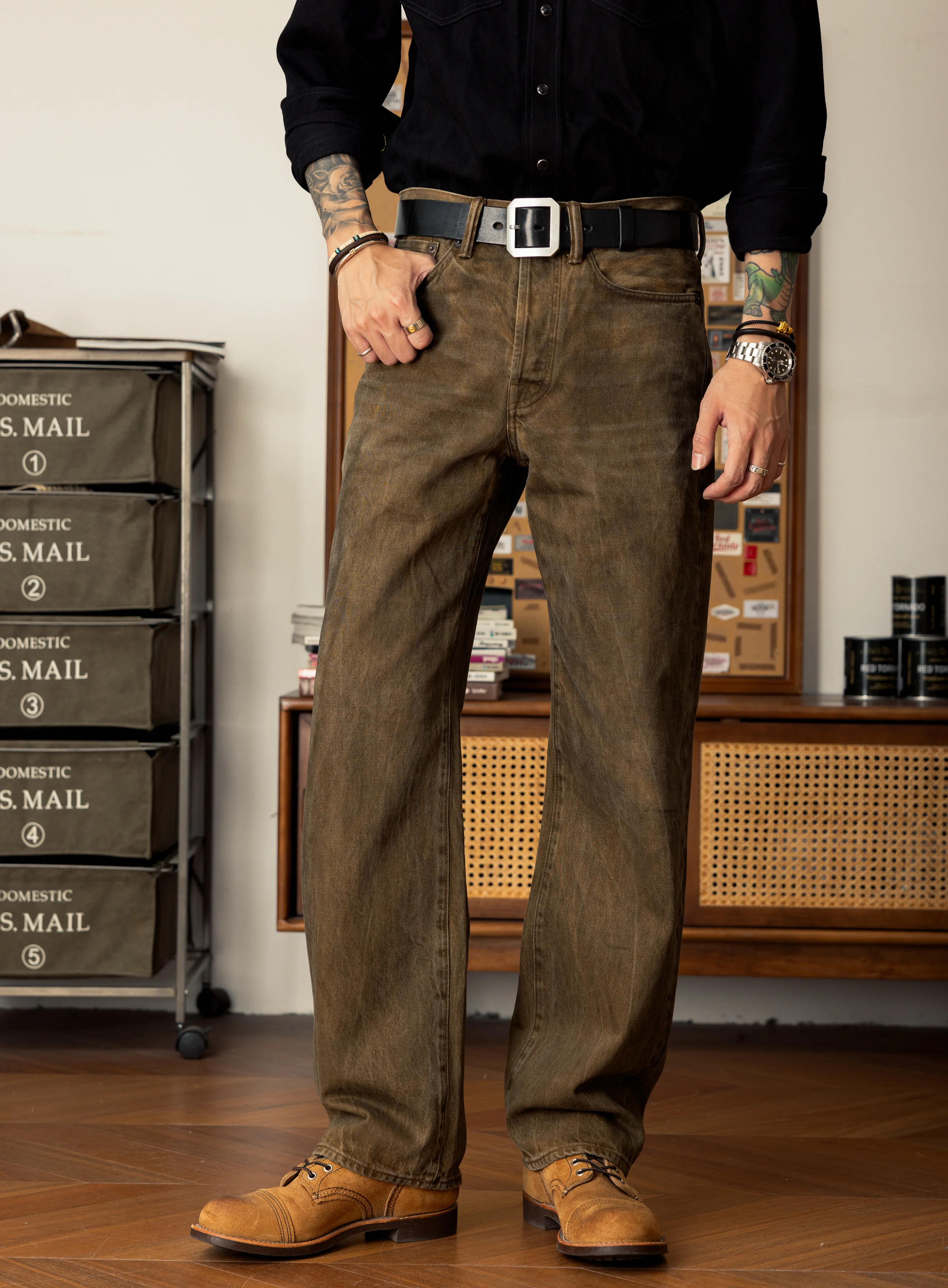 RL5PK-0002 Red Tornado 14oz Button Fly Straight Fitting Raw Denim Jeans Super Quality Goat Leather Indigo Selvage Washed Pants