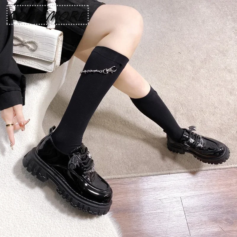 Metal Chain Platform Lolita Gothic Shoes Woman‘s Spring Autumn Fashion Style Patent Leather PU Pumps Women Round Headed Designer