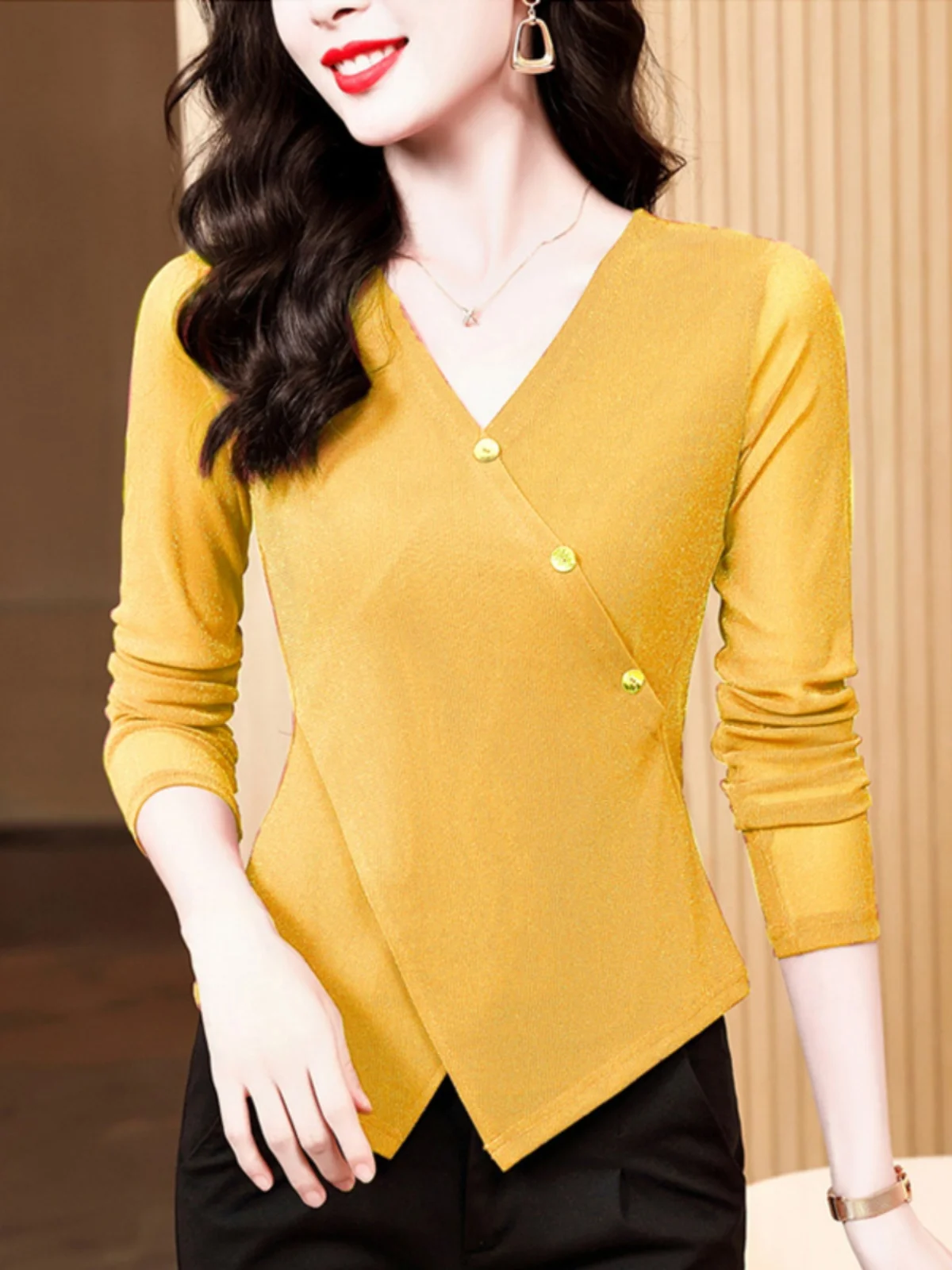 세련된 시퀸 메이 베이스 여성용 초가을 롱 슬리브 V넥 슬림핏 탑 한국 스타일 출퇴근룩 순수...