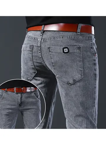 New style jeans, men's slim fit, Korean style comfortable straight leg elastic gray mid waist pants, men's casual denim pants