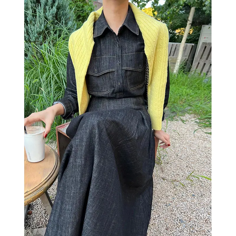 

Retro Chic Embroidered Design Denim irt High Waist Flared Skirt Set Women's Faion Ensemble Turn-down Collar Tailored Fit