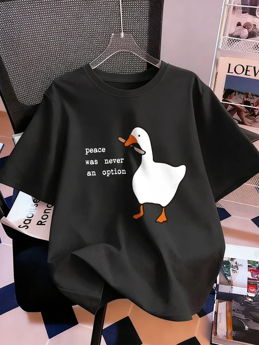 Peace Was Never An Option Goose Prints T-Shirt Damen Sommer Kurzarm-Tops Weiches, lockeres T-Shirt mit O-Ausschnitt Sportliche Kleidung