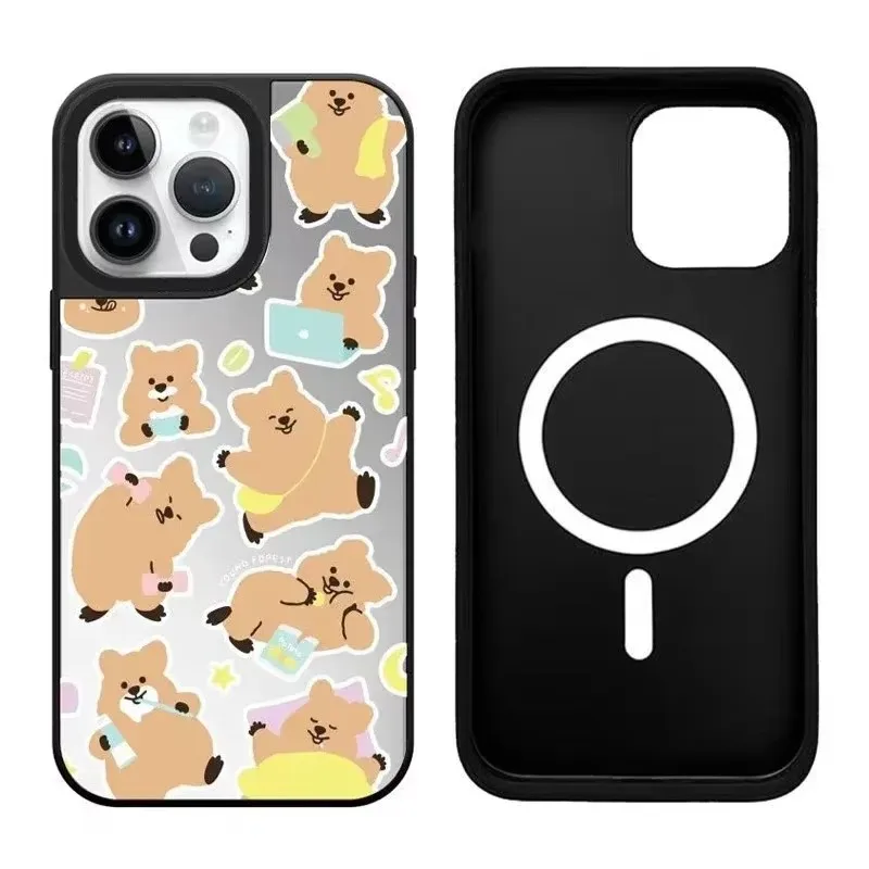 

Cartoon Bear iPhone 12 13 14 15 16 Pro Max Mirror Surface MagSafe Case Cover Shell