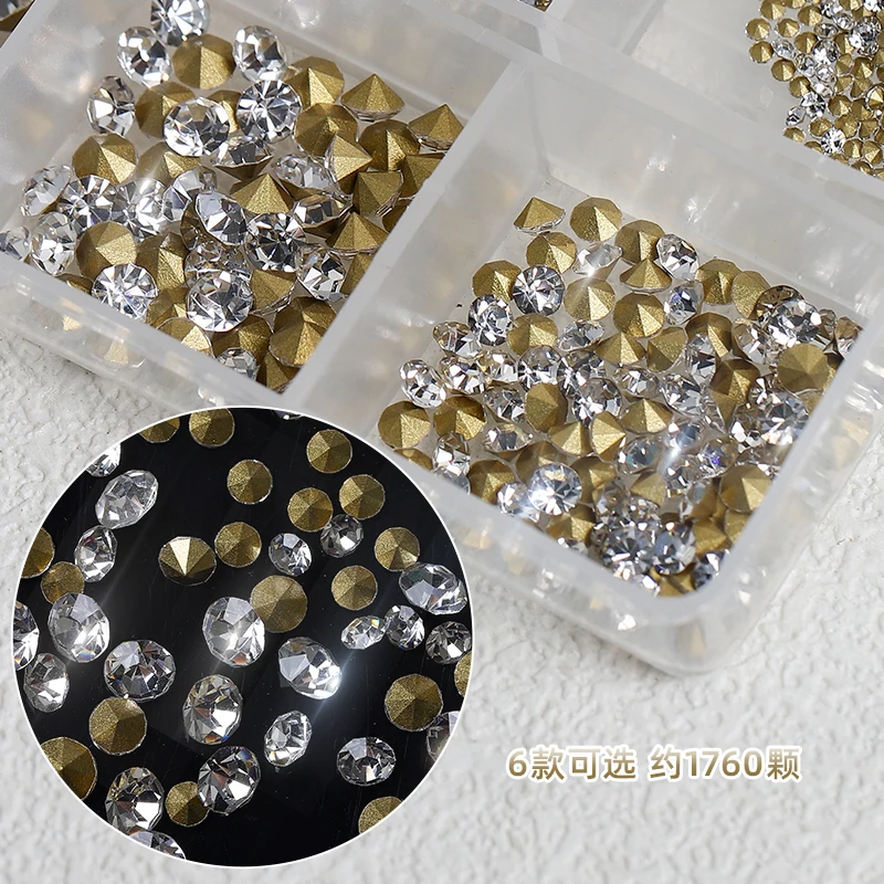 

1660PCS 6 Grids Sharp Bottom Mix Size Crystal Gold AB Glass Glitter Rhinestones 3D Diamond Strass Gems Nail Art Decorations