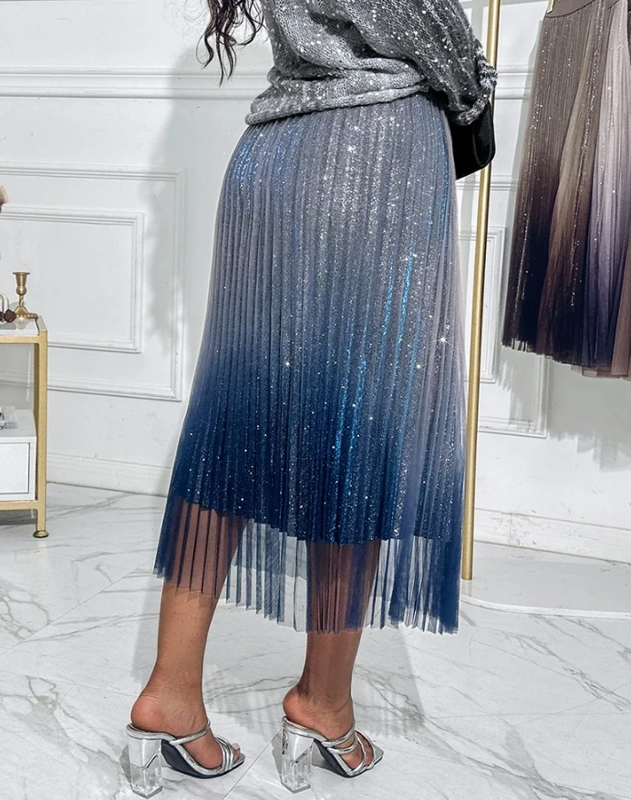 Women's Clothing Trend 2024 Ombre Sheer Mesh Patch A Line Pleated Glitter Skirt Long Skirt