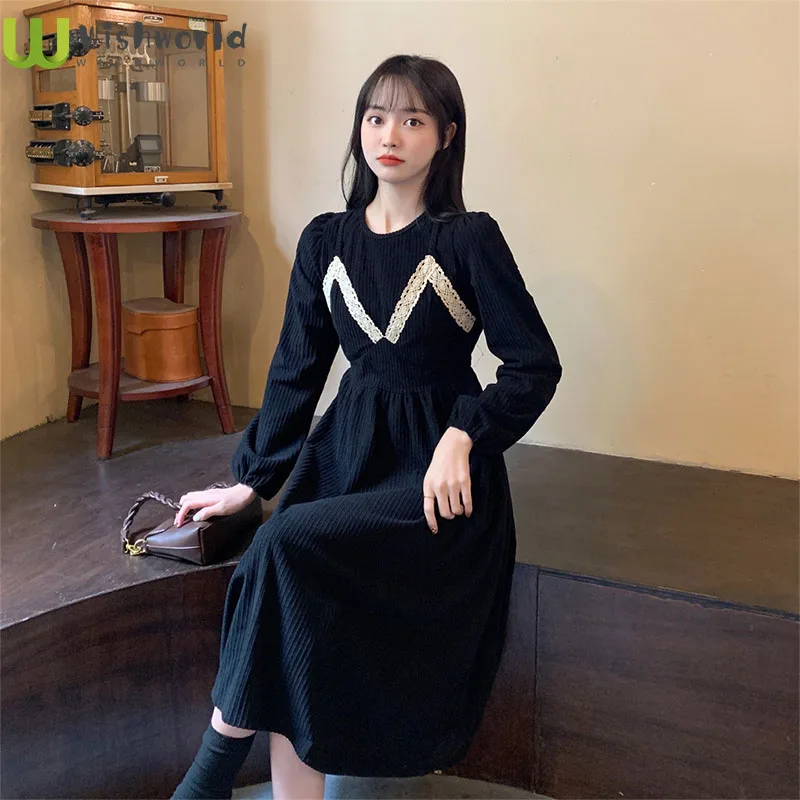 French Minus Age False Two Braces Skirt Female Qiu Dong Big Yards to Collect Waist Fat Mm Show Thin Tender Corduroy Dresses