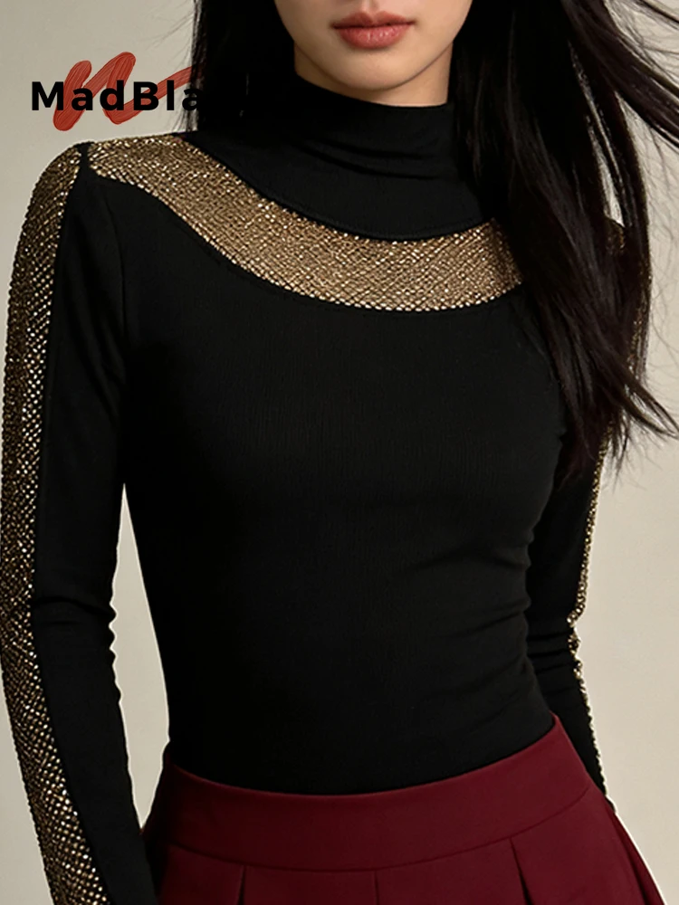 MadBlack-Women European T-Shirt, Sexy Turtleneck Hot Diamond, Workwear Long Sleeve Slim M-3XL Knit Tee, 2026 Autumn New T6O813CC