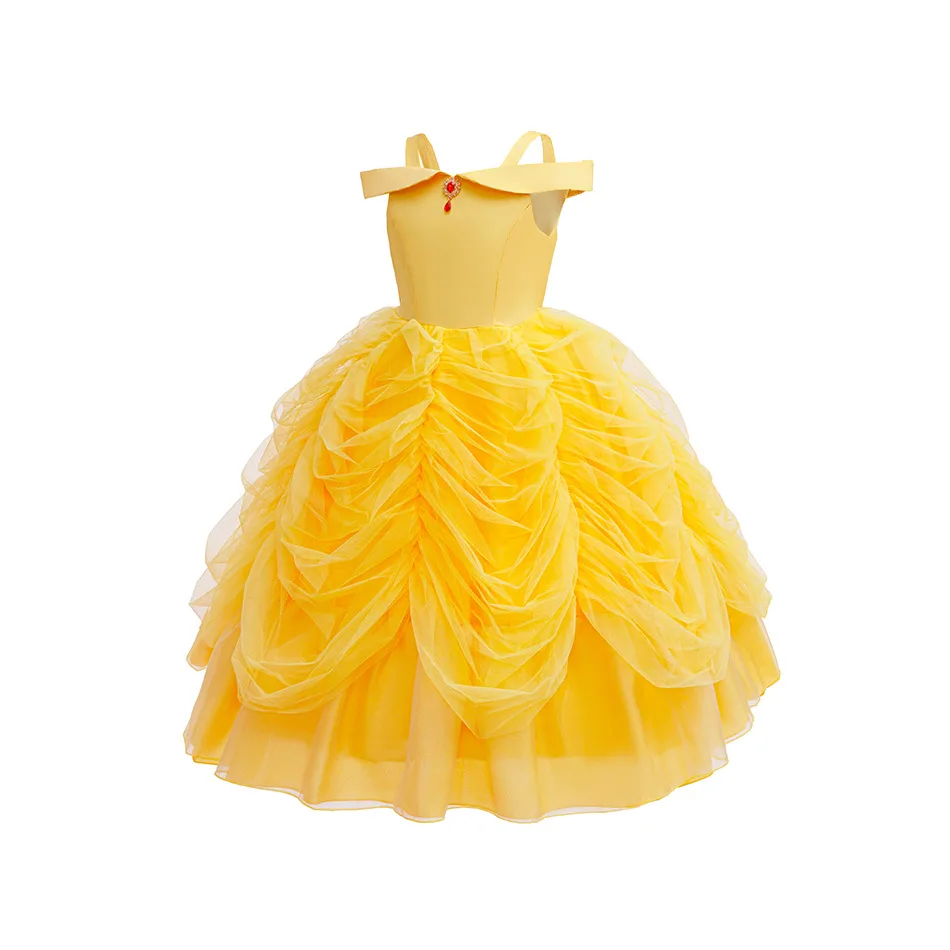 Girl Belle Dress Off‑Shoulder Strap Red Rhinestone Brooch Tiered Ruffled Pick‑Up Tulle Puffy Gown Kids Fancy Outfit for Carnival