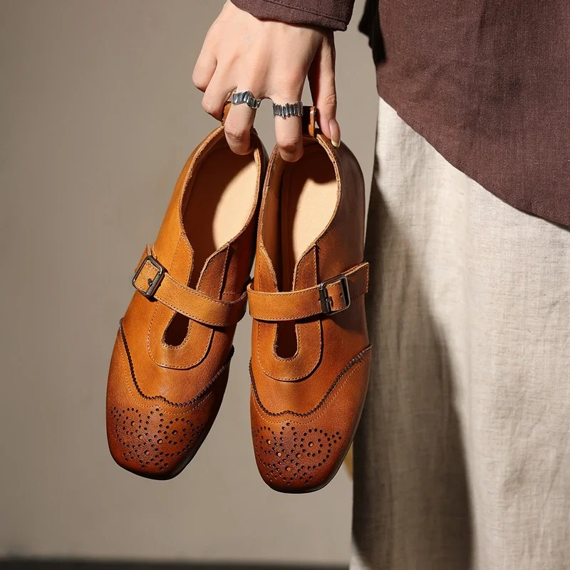 2027 Autumn Women Pumps Genuine Leather Shoes for Women Round Toe Chunky Heel Shoes Shallow Low-heel Mary Janes Handmade Shoes