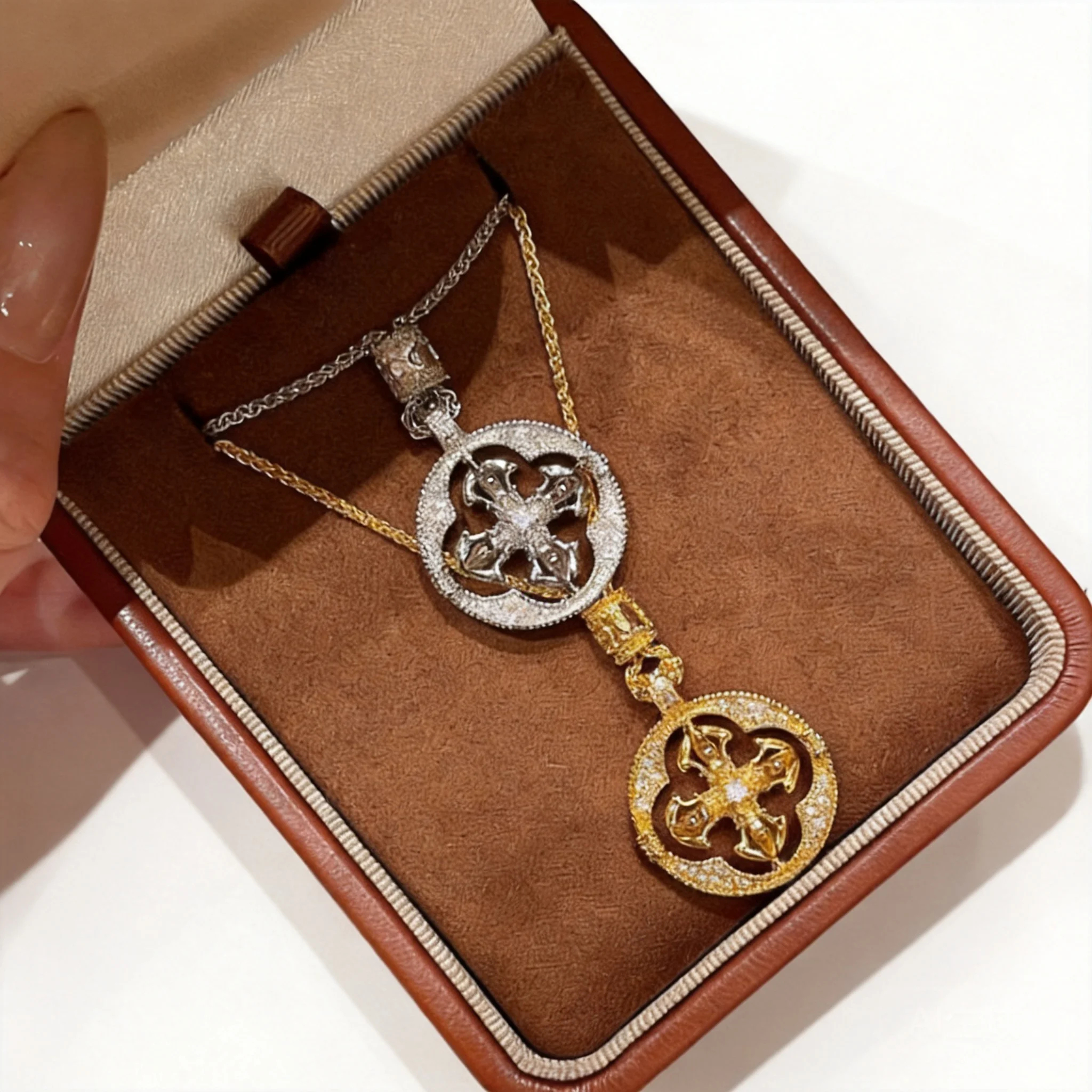Chinese Style Lucky Blessing Rotatable Vajra Cross Full Rhinestone Pendant Necklace For Women Electroplated Gold Silver Color