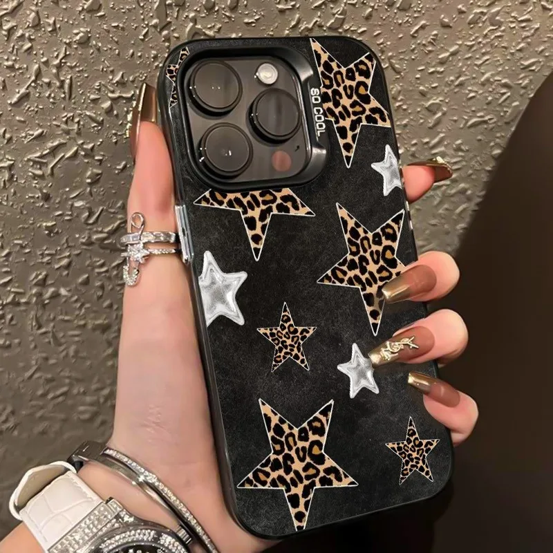 

Silvery Leopard Print Stars Pattern Phone Case For Samsung Galaxy S25 FE Cases S24 Ultra S23 S22 S21 Plus A16 A26 A36 A56 Cover